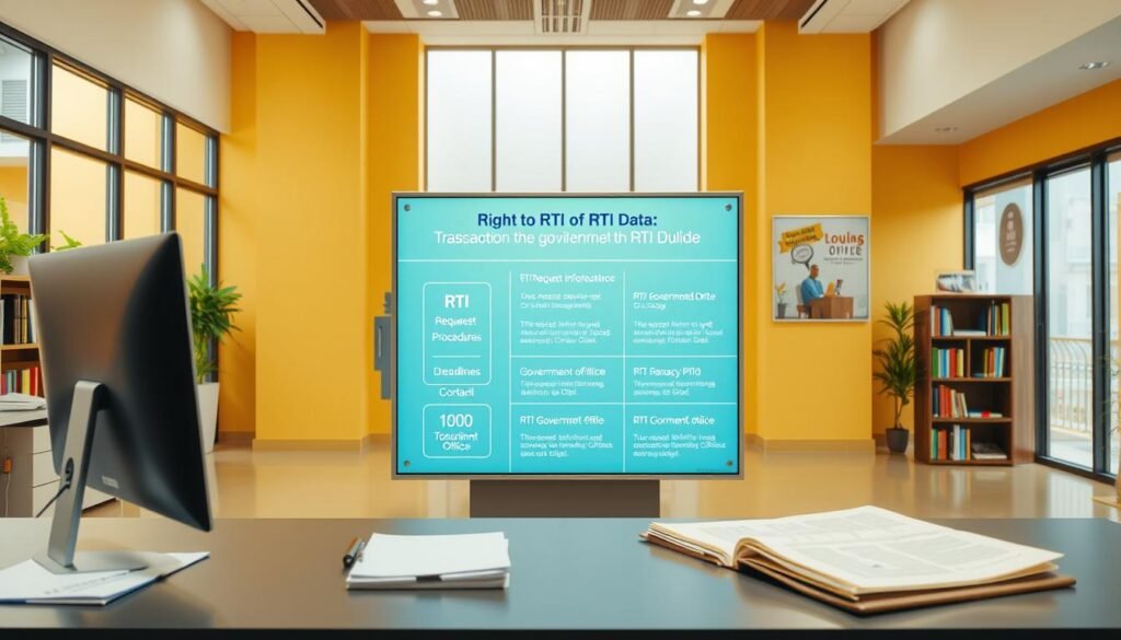 A modern office interior with a vibrant, informative display showcasing different types of RTI (Right to Information) data and access methods. The foreground features a sleek desk with a computer, paper documents, and an open file folder. The middle ground shows an interactive digital display highlighting RTI request procedures, deadlines, and government office contact details. The background depicts a warm, well-lit space with large windows, bookshelves, and inspirational artworks related to transparency and civic engagement. The overall atmosphere conveys a sense of accessibility, empowerment, and the importance of informed citizens actively engaging with their government.