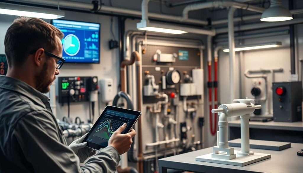 A modern plumbing workshop with a focus on AI integration. In the foreground, a technician examines a complex piping system, using a tablet to access AI-powered analytics and simulations. The middle ground features an array of smart sensors and IoT devices, connected to a central control panel displaying real-time data. In the background, a 3D-printed plumbing model stands on a desk, showcasing the integration of generative design and AI-assisted optimization. Soft, directional lighting illuminates the scene, emphasizing the cutting-edge technology at work. The overall atmosphere conveys a sense of innovation and problem-solving within the plumbing industry.