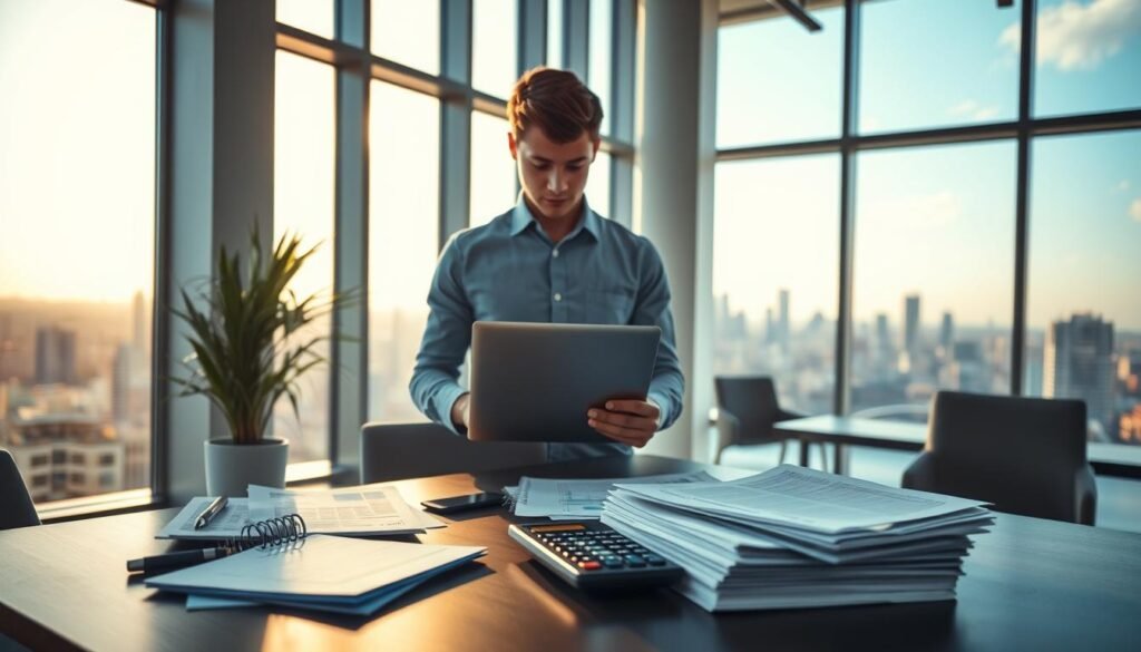 A modern, sleek office interior with large windows letting in warm, natural light. In the foreground, a young professional standing in front of a laptop, reviewing financial documents and spreadsheets. The middle ground features a desk with a credit card, calculator, and a stack of papers, symbolizing the process of building credit history. The background showcases cityscape views, suggesting progress and new opportunities. The overall scene conveys a sense of focus, determination, and the empowering journey of establishing financial credibility.
