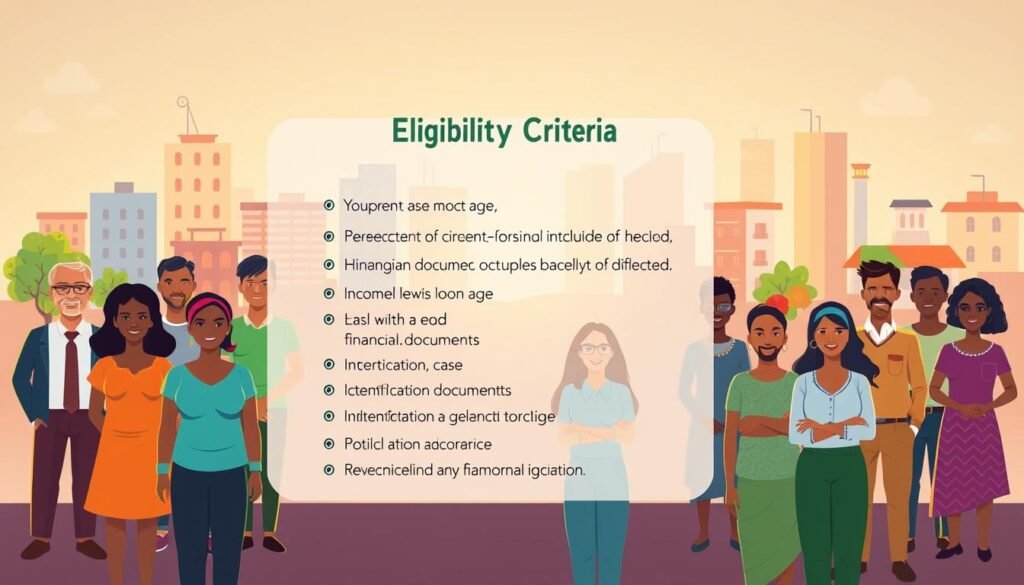 A modern, vibrant illustration showcasing the key eligibility criteria for a financial inclusion scheme. In the foreground, a diverse group of people from various backgrounds - young and old, urban and rural - standing confidently, representing the inclusive nature of the program. In the middle ground, a clear, legible list of the eligibility requirements, such as minimum age, income level, and identification documents, presented in a clean, easy-to-understand format. The background features a stylized cityscape with a mix of residential and commercial buildings, symbolizing the broad reach of the financial inclusion initiative. The lighting is warm and inviting, with a touch of dynamism to convey a sense of opportunity and progress. The overall mood is one of accessibility, empowerment, and social equity.