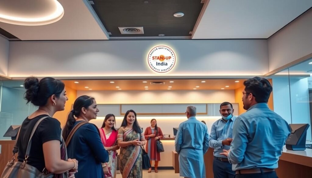 A modern, well-lit banking interior with a prominent "Stand-Up India Scheme" logo prominently displayed on the wall. In the foreground, a diverse group of small business owners, both women and SC/ST entrepreneurs, are engaged in a friendly discussion with bank representatives. The middle ground features a long counter with efficient tellers assisting customers. The background showcases the sleek, professional design of the bank's branch, with clean lines, warm lighting, and a welcoming atmosphere. The overall scene conveys a sense of inclusivity, accessibility, and the bank's commitment to supporting entrepreneurship and financial empowerment.