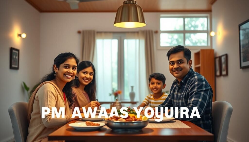 A modern, well-lit interior of a modest but comfortable home, with a family of four happily gathered around a dining table. Warm lighting from overhead fixtures casts a cozy glow, while large windows let in natural light, illuminating the room's clean, minimalist design. In the foreground, a smiling mother and father serve a hearty meal to their two children, conveying a sense of contentment and security. The walls are adorned with simple, tasteful decor, hinting at the financial stability afforded by the PM Awas Yojana program. An air of domestic bliss pervades the scene, reflecting the program's core mission of providing affordable, quality housing to underserved communities.