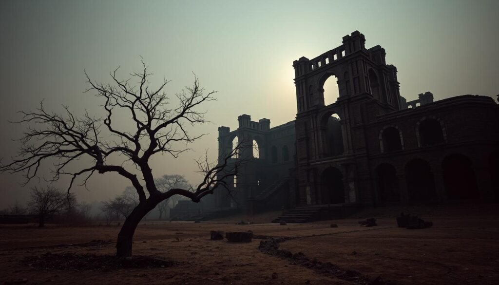 A mysterious and ancient citadel stands tall against a darkened sky, its weathered stone walls and towering archways casting long shadows over the barren landscape. The crumbling ruins of Bhangarh Fort are shrouded in a haunting, ethereal atmosphere, hinting at the captivating history and supernatural legends that surround this place. In the foreground, a solitary tree stands as a silent witness, its twisted branches reaching up towards the heavens. The middle ground is dominated by the looming silhouette of the fort, its elaborate architecture and ornate detailing barely visible in the fading light. The background fades into a hazy, dreamlike realm, filled with a sense of unease and the unknown. The scene is illuminated by a soft, moody lighting, casting a warm, amber glow that adds to the mystical ambiance. A wide-angle lens captures the full grandeur and scale of this enigmatic, abandoned relic, inviting the viewer to unravel its many secrets.