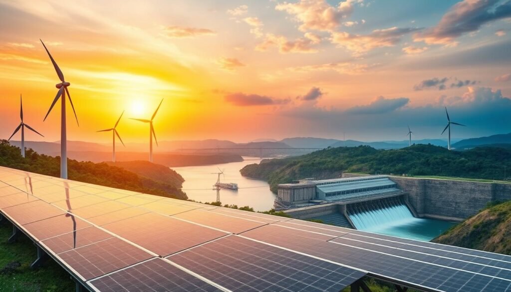 A panoramic view of a renewable energy landscape, with towering wind turbines gracefully spinning against a vibrant sky. In the foreground, a field of gleaming solar panels tilted towards the sun, their sleek surfaces reflecting the warm hues of the horizon. In the middle ground, a modern, streamlined hydroelectric dam channels the flow of a winding river, its turbines churning with clean, renewable power. The background is dotted with lush green hills, hinting at the harmonious integration of sustainable energy solutions within the natural environment. The scene is bathed in soft, diffused lighting, creating a sense of balance and harmony between technology and nature.