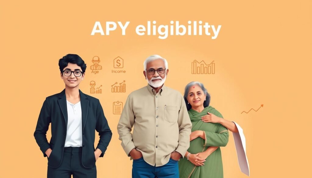 A professional yet inviting illustration of "APY eligibility" against a warm, muted background. In the foreground, a group of diverse individuals - a young professional, a retiree, and a family - stand together, united by the opportunity of the Atal Pension Yojana. Their expressions convey a sense of security and optimism. The middle ground features icons and infographics highlighting the key eligibility criteria, such as age, income, and employment status. The background subtly incorporates elements of financial planning, with graphs and charts suggesting the long-term benefits of the scheme. Soft, directional lighting casts a gentle glow, creating an atmosphere of trust and reliability.