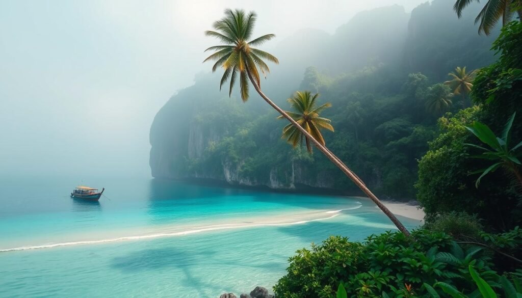 A remote, lush tropical island in the Andaman Sea, shrouded in mist and mystery. A hidden beach nestled between verdant cliffs, with crystal-clear turquoise waters lapping at the shore. Towering palm trees sway gently in the warm breeze, casting long shadows across the sand. In the distance, a lone fisherman's boat glides silently, the only sign of human presence. The scene is infused with a sense of tranquility and timelessness, inviting the viewer to explore the secrets of this untouched paradise.