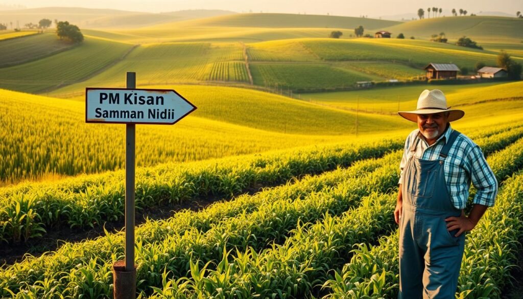 A rolling green countryside with a small family farm in the foreground. A farmer, in overalls and a wide-brimmed hat, stands proudly beside his crops, basking in the warm, golden sunlight. In the middle ground, a signpost points the way to the "PM Kisan Samman Nidhi" program, its arrows guiding viewers to the essential information. The background is dotted with other farms, each with their own unique character, representing the diverse agricultural community eligible for this government initiative. The scene conveys a sense of hardworking, resilient farmers who are the backbone of the nation, deservedly receiving the support they need.