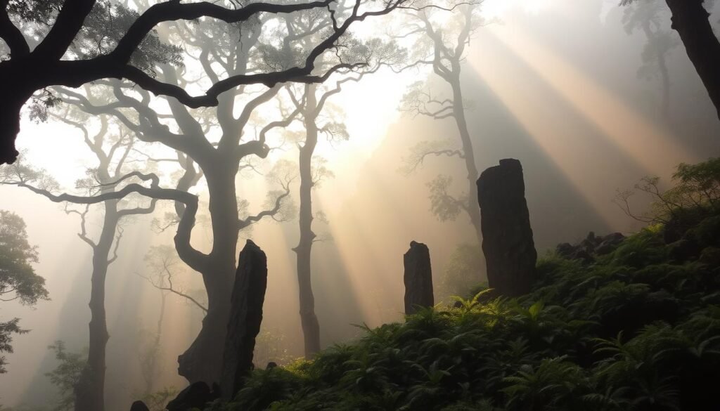 A rugged, fog-shrouded landscape of ancient forests and mist-cloaked peaks, the Khasi Hills conceal a realm of hidden wonders. Towering, gnarled trees cast dramatic shadows across a carpet of lush ferns and mosses, while mysterious stone monoliths rise from the undergrowth, their origins lost to time. Shafts of golden light pierce the ethereal haze, illuminating the verdant canopy and hinting at the untold secrets that lie within this enchanted realm. The camera's lens captures this otherworldly scene with a sense of reverence and wonder, as if peering into a forgotten corner of the world.