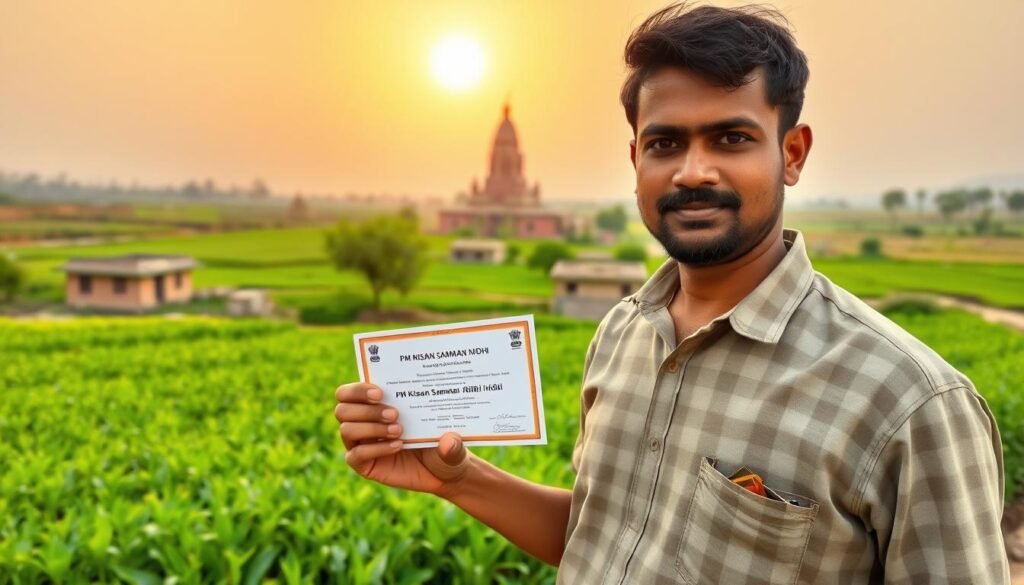 A serene agricultural landscape under a warm, golden afternoon sun. In the foreground, a farmer proudly displays the PM Kisan Samman Nidhi certificate, representing the government's support for India's hardworking farming community. The middle ground features lush, verdant fields of crops, symbolizing the fruits of their labor. In the background, a picturesque village with traditional mud houses and a towering, majestic temple spire, capturing the essence of rural India. The scene conveys a sense of pride, prosperity, and the invaluable role of the PM Kisan Samman Nidhi in empowering and uplifting the lives of farmers across the nation.