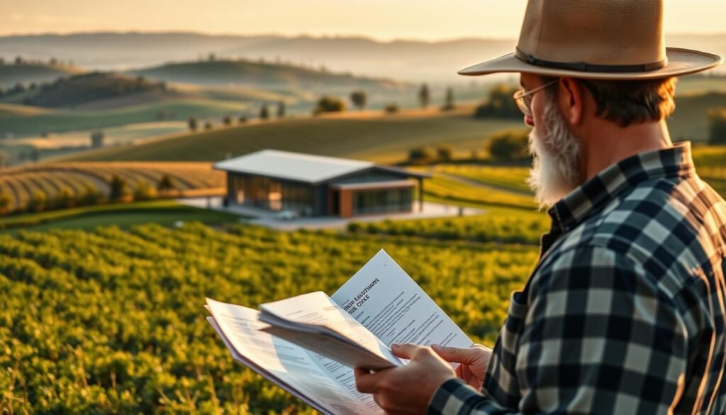 A serene agricultural landscape unfolds, showcasing a variety of government resources for farmers. In the foreground, a farmer peruses informational brochures and documents, illuminated by warm, natural lighting. In the middle ground, a modern agricultural extension office stands, its glass facade reflecting the surrounding fields. In the background, rolling hills dotted with thriving crops and orchards create a tranquil, bucolic scene. The overall mood is one of productivity, support, and a harmonious partnership between the government and the farming community.