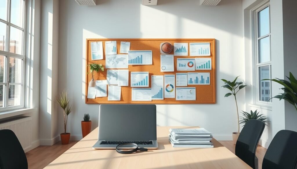 A serene, airy office interior with natural lighting streaming through large windows. In the center, a desk with a laptop, a stack of documents, and a magnifying glass, symbolizing the process of alternative credit assessment. On the wall, a corkboard displays various financial documents, graphs, and infographics, providing visual cues about unconventional lending practices. The atmosphere is one of thoughtful contemplation, suggesting a departure from traditional credit evaluation methods. The overall scene conveys a sense of innovation and open-mindedness towards inclusive financial solutions.