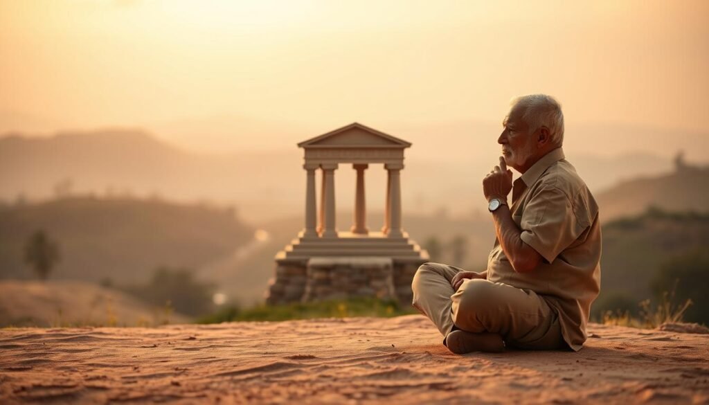 A serene and contemplative scene depicting the importance of the Atal Pension Yojana for future planning. In the foreground, a middle-aged person sits cross-legged, deep in thought, their hands resting on their lap. The lighting is soft and warm, creating a sense of tranquility. In the middle ground, a visual representation of financial security - a solid foundation with sturdy pillars, symbolizing the stability and reliability of the Atal Pension Yojana. The background features a peaceful, natural landscape with rolling hills and a serene sky, conveying a sense of long-term, sustainable growth. The overall atmosphere is one of confidence, responsibility, and the importance of planning for a secure financial future.