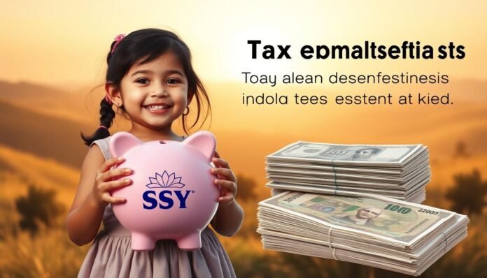 A-serene-and-elegant-illustration-of-the-tax-benefits-of-investing-in-an-SSY-Sukanya-Samriddhi A serene and elegant illustration of the tax benefits of investing in an SSY (Sukanya Samriddhi Yojana) account. The foreground features a young girl, radiantly smiling, holding a piggy bank emblazoned with the SSY logo. The middle ground showcases a stack of Indian currency notes and tax forms, highlighting the financial advantages of the scheme. The background is a warm, sun-dappled landscape, conveying a sense of security and long-term growth. The lighting is soft and inviting, with a gentle, golden glow. The camera angle is slightly elevated, creating a sense of aspirational achievement. The overall mood is one of financial responsibility, familial pride, and a bright future.