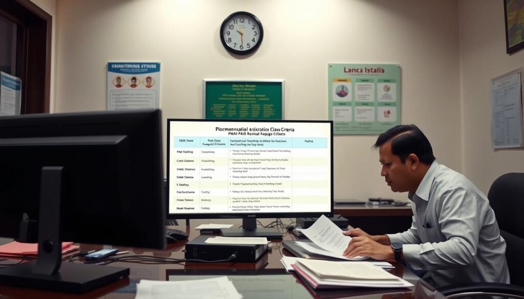 A serene and well-lit office setting, featuring a government employee seated at a desk, reviewing documents and forms. In the foreground, a computer monitor displays a comprehensive list of residential status criteria for the PMAY affordable housing program. The walls are adorned with informative posters and charts, providing visual context for the eligibility requirements. The scene exudes a sense of professionalism and attention to detail, reflecting the importance of the PMAY program in addressing the housing needs of the less fortunate. The lighting is soft and diffused, creating a warm and inviting atmosphere conducive to understanding the residential status criteria.