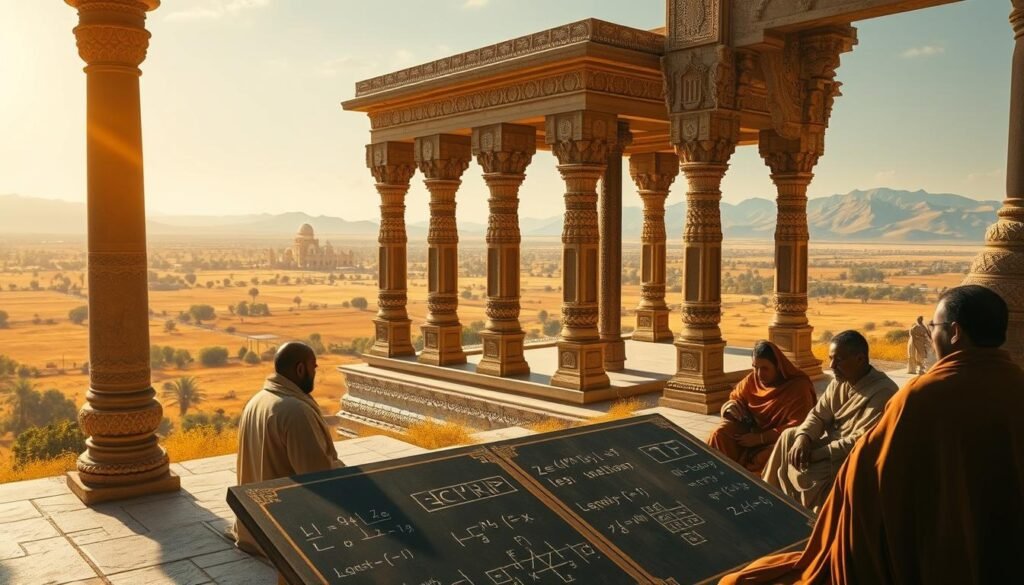 A serene, contemplative scene of ancient India, where the concept of zero was first conceived. In the foreground, a group of scholars in traditional robes ponder mathematical equations scrawled on a slate. Warm sunlight filters through the columns of an ornate temple in the middle ground, its intricate carvings and arches hinting at the sophistication of Indian civilization. In the background, a vast, rolling landscape stretches out, dotted with lush vegetation and a distant mountain range. The overall atmosphere evokes a sense of timeless wisdom and the profound impact of this groundbreaking invention on the development of mathematics worldwide.
