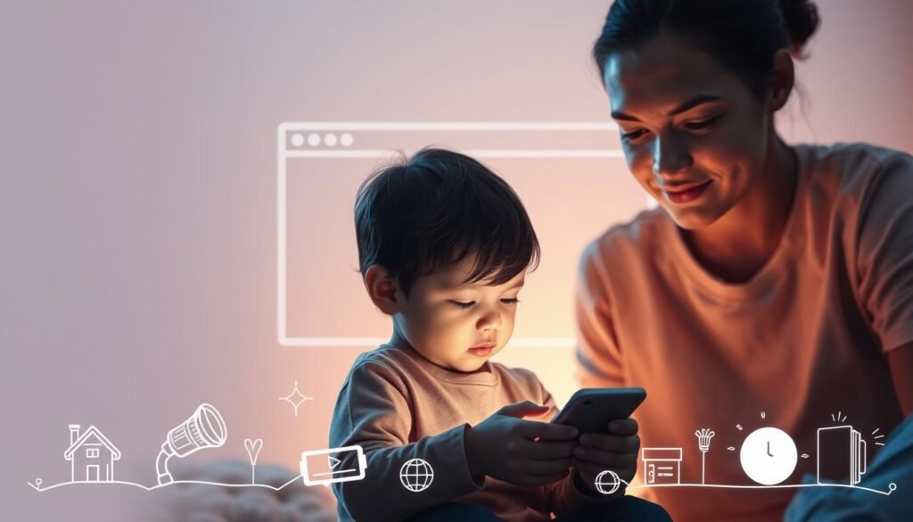 A serene digital landscape, a young child safely navigating a smartphone, guarded by a protective parent's watchful gaze. Soft, diffused lighting illuminates the scene, creating a sense of warmth and security. In the background, a stylized outline of a web browser window, symbolizing the online world, while the foreground features educational icons and playful graphics, highlighting the importance of digital literacy and parental guidance. The composition conveys the message of empowering children to explore the digital realm safely, with the support and supervision of caring adults.