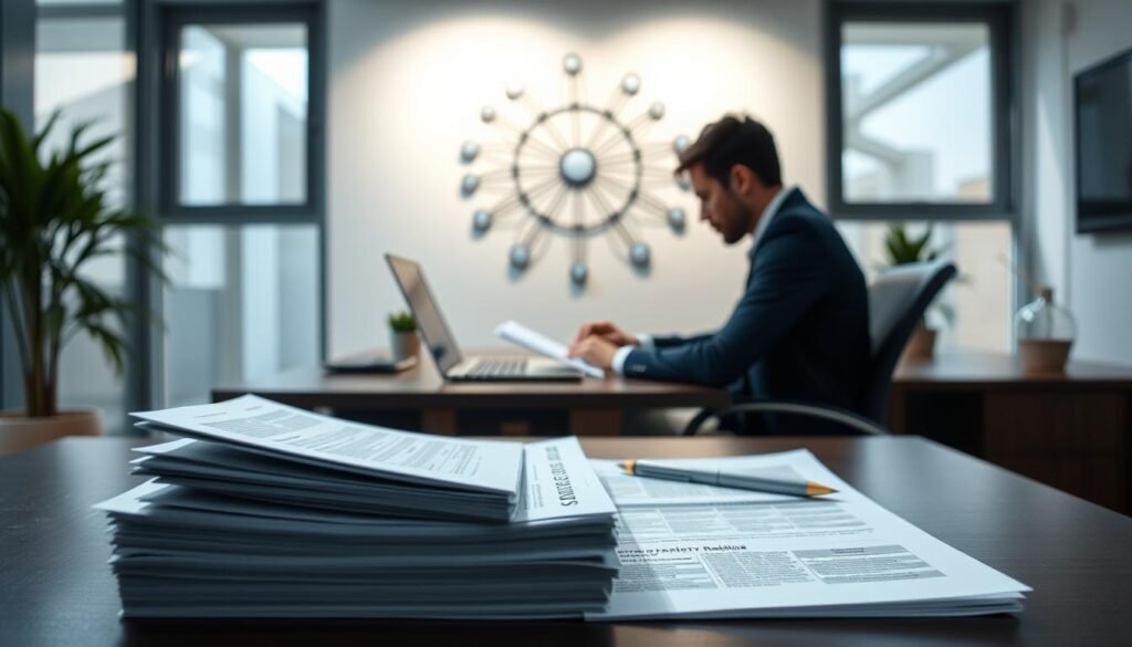 A serene, modern office setting with natural lighting from large windows. The foreground features a desk with a stack of neatly organized tax documents, a laptop, and a pen. In the middle ground, a person sits at the desk, carefully reviewing the papers, conveying a sense of responsibility and diligence. The background showcases a minimalist wall decor with abstract shapes and patterns, suggesting the complex yet organized nature of taxpayer rights. The overall atmosphere is one of professionalism, transparency, and the empowerment of the individual taxpayer.