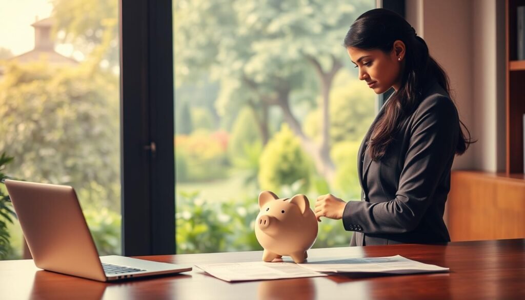 A serene, warm-lit office setting with a desk featuring a laptop, a small ceramic piggy bank, and financial documents. In the foreground, a young woman in professional attire stands next to the desk, contemplating the piggy bank and documents with a thoughtful expression. The background depicts a large window overlooking a lush, peaceful garden, creating a calming atmosphere. The lighting is soft and directional, highlighting the woman's pensive pose and the financial items on the desk. The overall composition conveys the role of the Sukanya Samriddhi scheme in securing a young girl's financial future through careful planning and investment.