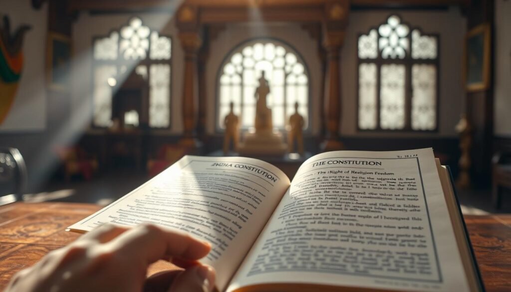 A serene, well-lit interior scene depicting the Indian Constitution open on a wooden desk, with sunlight streaming through a large window. In the foreground, a hand gently touches the pages, highlighting the text on "The Right to Religious Freedom." The middle ground showcases traditional Indian architectural elements, like intricate carvings and rich fabrics, creating a sense of cultural heritage. The background is softly blurred, emphasizing the focus on the Constitution. The overall mood is one of reverence, contemplation, and a deep appreciation for the fundamental rights enshrined in the document.