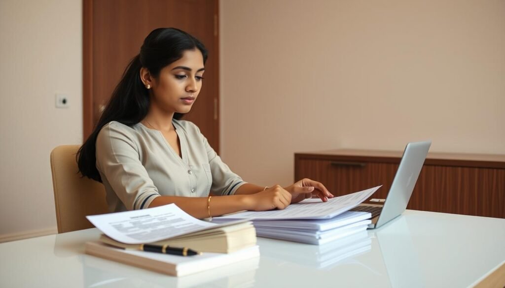 A serene, well-lit office setting with a clean, minimalist desk. On the desk, a stack of documents, a pen, and a laptop displaying the Sukanya Samriddhi Yojana website. A young woman, dressed professionally, is seated at the desk, carefully reviewing the documents and filling out the necessary forms to open a Sukanya Samriddhi account. The background features a warm, neutral color palette, creating a sense of focus and calm. The lighting is soft and natural, highlighting the woman's thoughtful expression as she navigates the process of securing her daughter's financial future.