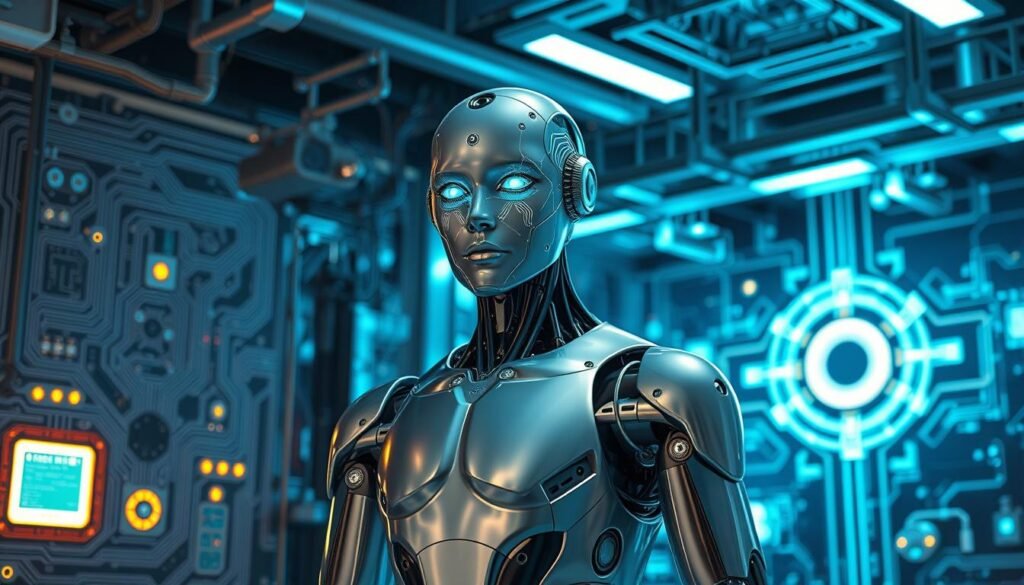 A sleek, futuristic laboratory backdrop with intricate circuit boards, glowing holographic displays, and robotic limbs suspended in a state of dynamic equilibrium. In the foreground, a central figure representing artificial intelligence - a humanoid robot with an advanced neural network visage, encased in a glossy, chrome-plated exoskeleton. Diffused lighting from overhead casts dramatic shadows, lending an air of technological mystery and sophistication. The overall scene conveys the power, precision, and transformative potential of AI in the realm of electrical systems engineering.