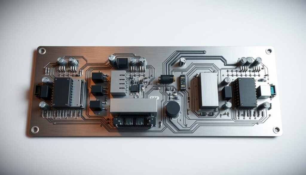 A sleek, high-tech circuit board with intricate power electronics components arranged in a visually striking, symmetrical layout. The circuit board is rendered in a metallic silver tone, with a matte finish that reflects the overhead lighting. The components, such as transistors, capacitors, and transformers, are precisely engineered and highlighted by strategic use of shadows and highlights, creating a sense of depth and complexity. The background is a softly blurred, minimalist environment, allowing the power electronics to be the central focus of the image. The overall composition conveys a sense of efficiency, innovation, and the future of electrical systems engineering.