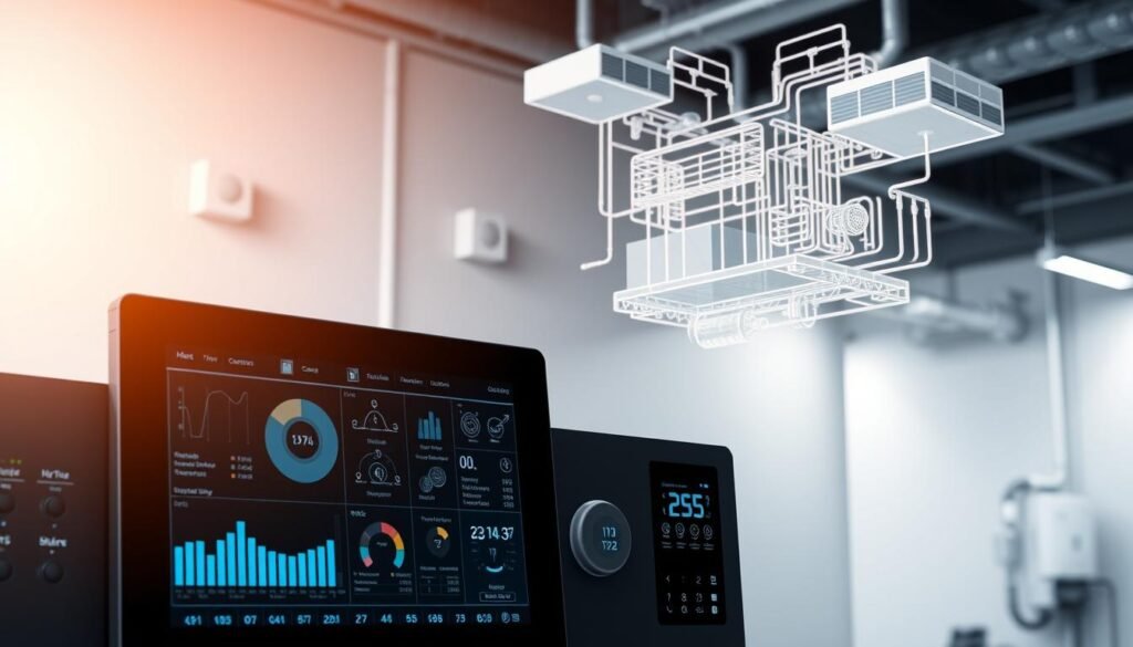 A sleek, modern HVAC control system featuring an array of IoT sensors and smart components. In the foreground, a touchscreen interface displays real-time data and analytics, surrounded by intuitive control panels. The middle ground showcases various connected devices like temperature probes, airflow sensors, and smart thermostats, all seamlessly integrated. In the background, a 3D schematic model of the HVAC system hovers, providing a comprehensive overview. Soft, ambient lighting illuminates the scene, creating a futuristic, yet practical atmosphere. The composition emphasizes the seamless integration of cutting-edge technology and mechanical engineering, reflecting the evolution of HVAC design.