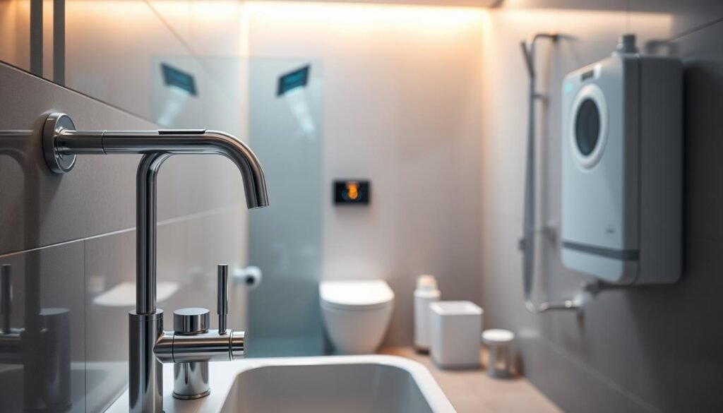 A sleek, modern bathroom interior with an array of IoT devices seamlessly integrated into the plumbing system. In the foreground, a high-tech faucet with a digital display and touch controls, monitoring water usage and temperature. Behind it, a smart showerhead with programmable settings and a water-saving mode. In the middle ground, a connected toilet with self-cleaning functions and water-level sensors. In the background, an intelligent water heater with remote monitoring and optimization capabilities. Soft, ambient lighting casts a warm glow, highlighting the cutting-edge, futuristic design of these smart plumbing technologies. The scene conveys a sense of efficiency, convenience, and environmental consciousness in modern plumbing.