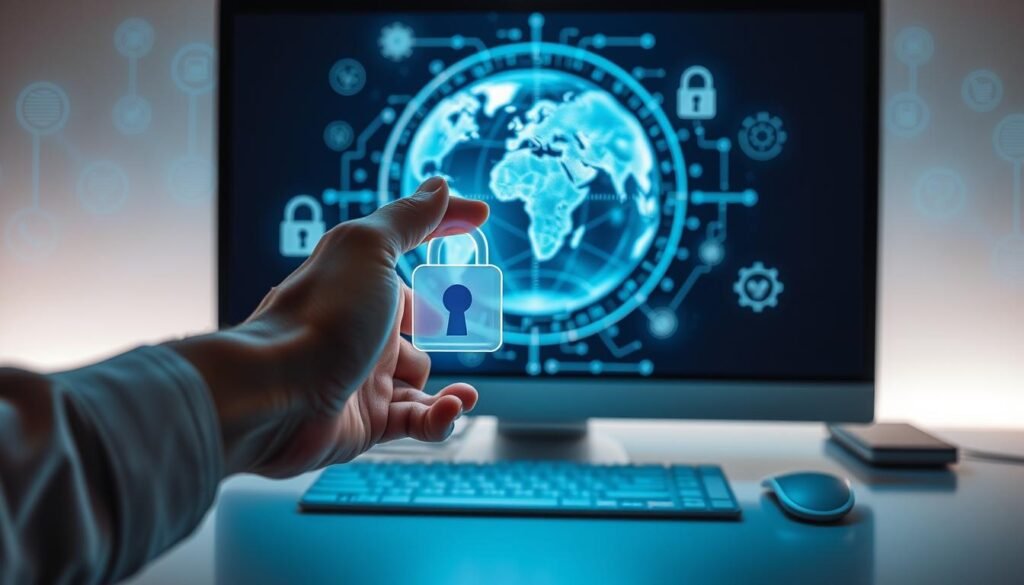 A sleek, modern computer desktop with a glowing screen displaying a virtual globe, representing the interconnected digital world. In the foreground, a hand reaches out to a biometric security scanner, symbolizing the importance of authentication and access control. The background showcases a minimalist array of cybersecurity icons, including a padlock, a shield, and a virus symbol, all bathed in a cool, blue-green hue that evokes a sense of digital tranquility. The composition conveys the idea of proactive cyber hygiene practices, promoting a secure and responsible digital lifestyle.