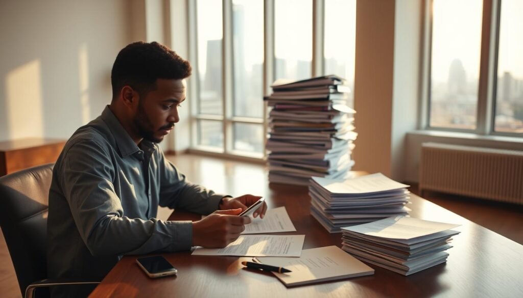 A spacious, well-lit room with warm, natural lighting filtering in through large windows. In the foreground, a person sitting at a desk, intently reviewing loan documents and financial statements. On the desk, a smartphone, a pen, and a digital tablet, conveying the ease and accessibility of the loan application process. In the middle ground, a stack of folders and papers, representing the reduced bureaucracy and streamlined procedures. The background depicts a city skyline, hinting at the broader economic opportunities enabled by improved access to credit. The overall atmosphere is one of efficiency, empowerment, and a sense of financial progress.