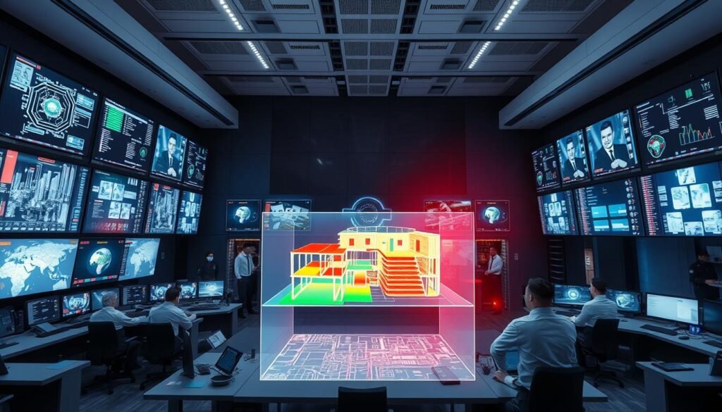A sprawling, high-tech fire safety control center, with banks of monitors displaying real-time data from sensors throughout a modern, intelligent building. Technicians in crisp uniforms monitor the screens, ready to respond to any emergencies. In the foreground, a large holographic display shows a 3D model of the building, with color-coded zones indicating the current fire risk levels. Diffused, ambient lighting casts a serene, authoritative atmosphere, while the occasional flashing warning light adds a sense of urgency. Sleek, angular architecture and gleaming, state-of-the-art equipment convey the precision and power of advanced fire protection engineering.