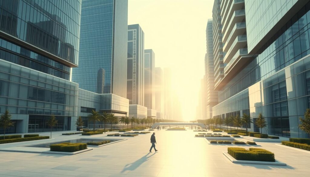 A sprawling metropolis of sleek, futuristic buildings with seamless glass facades and bold architectural lines. The structures are equipped with advanced HVAC systems, sensors, and AI-powered optimization algorithms, creating a harmonious, energy-efficient environment. Sunlight filters through the buildings, casting long shadows and lending a warm, futuristic ambiance. In the foreground, a lone pedestrian navigates the clean, minimalist public plaza, surrounded by lush greenery and reflecting pools. The cityscape conveys a sense of innovation, sustainability, and the convergence of technology and design in the future of HVAC systems.