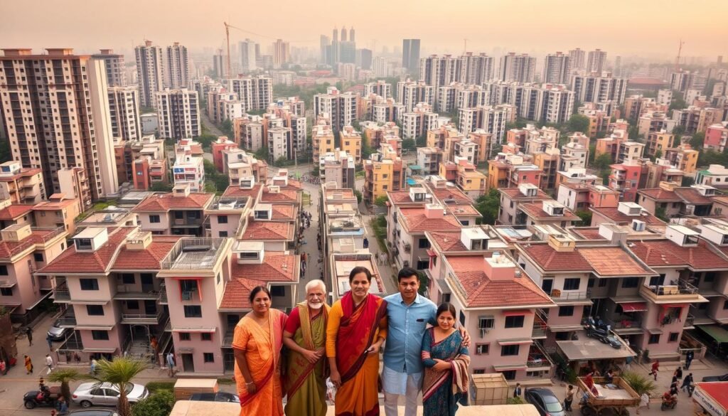 A sprawling urban skyline, with a mix of modern high-rises and traditional low-rise buildings. In the foreground, a group of families proudly stand in front of their newly constructed, well-appointed affordable homes, reflecting the positive impact of the PM Awas Yojana program. The middle ground showcases bustling streets, with people going about their daily lives, underscoring the vibrant, inclusive nature of this improved housing infrastructure. The background is bathed in a warm, golden hue, creating a sense of optimism and progress. Crisp, high-resolution details, captured with a wide-angle lens, convey the scale and scope of this transformative initiative.