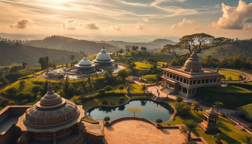 A stunning aerial view of a lush, verdant landscape in India, with ancient Ayurvedic temples and modern AI research facilities seamlessly integrated. In the foreground, a serene meditation garden with intricate stone carvings and a tranquil pond reflecting the sky. The middle ground features state-of-the-art AI laboratories, their sleek, glass-and-steel structures juxtaposed against the traditional architecture. In the background, rolling hills dotted with sacred Bodhi trees, their twisted branches reaching towards the heavens. Warm, golden sunlight filters through wispy clouds, casting a soft, ethereal glow over the entire scene. The image conveys a harmonious blend of ancient wisdom and cutting-edge technology, hinting at India's potential to become a global AI superpower rooted in the timeless principles of Ayurveda.
