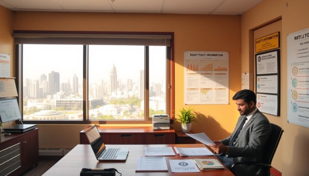 A sun-drenched office interior with a large window overlooking a bustling city skyline. A wooden desk sits in the foreground, neatly organized with documents and a laptop. A person in formal attire is seated, intently studying papers related to the Right to Information (RTI) Act. The walls are adorned with informative posters and charts explaining the process of accessing government information. The lighting is warm and natural, casting a soft glow across the scene. The overall atmosphere conveys a sense of diligence, transparency, and empowerment in exercising one's right to information.