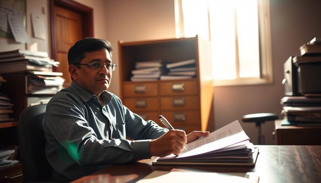 A sunlit government office, the air thick with anticipation. In the foreground, a person sits at a desk, carefully filling out an RTI request form, their expression one of determination. The middle ground features a filing cabinet, its drawers open, documents spilling out, symbolizing the wealth of information within. In the background, a window allows in natural light, casting a warm glow over the scene. The overall atmosphere is one of diligence and the pursuit of transparency, with a sense of hopeful expectation for the potential outcomes of the RTI request.