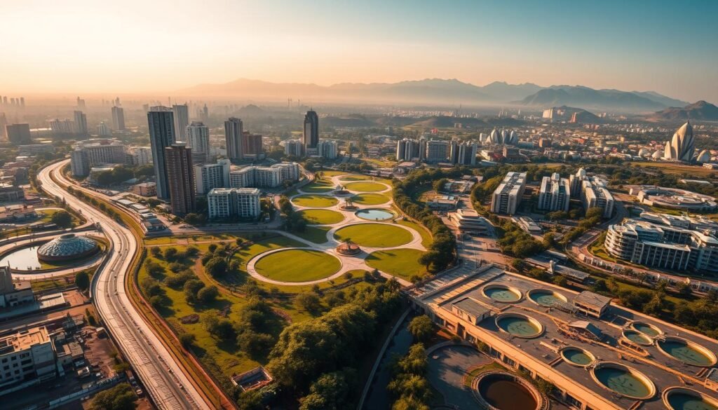 A sweeping aerial view of India's bustling cityscapes, with skyscrapers and bustling streets. In the foreground, a complex network of canals, pipes, and water treatment facilities, symbolizing the country's innovative approach to water management. The middle ground features lush green spaces and parks, where people gather and interact. In the background, towering mountains and valleys, hinting at India's diverse landscapes. The lighting is warm and inviting, casting a golden glow over the scene. The image conveys a sense of progress, technology, and environmental consciousness, capturing the intersection of India's economic growth and its commitment to sustainable development.