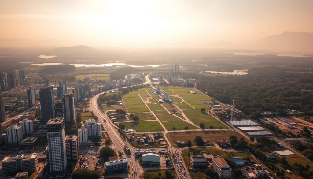 A sweeping aerial view of India's diverse economic landscape. In the foreground, bustling cityscapes with towering skyscrapers, busy streets, and cranes dotting the skyline, representing the thriving service and technology sectors. In the middle ground, lush agricultural fields, wind turbines, and solar panels, showcasing the country's renewable energy and agricultural might. The background features snow-capped Himalayan peaks, serene lakes, and dense forests, symbolizing India's natural resources and tourism potential. The scene is bathed in warm, golden light, creating a sense of prosperity and optimism. A wide-angle, high-resolution lens captures the grand scale and interconnectedness of India's multifaceted economy.