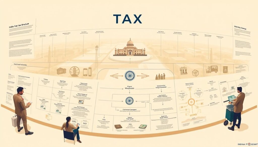 A sweeping illustration of the Indian tax structure, showcasing its intricate components in a clear, comprehensive manner. The foreground features a detailed schematic diagram outlining the various tax types, rates, and compliance requirements. The middle ground depicts government officials and taxpayers engaged in dialogue, highlighting the interactive nature of the system. The background paints a panoramic view of the Indian landscape, symbolizing the nationwide scope of the tax framework. Rendered in a neutral color palette with clean, minimalist styling, the image conveys a sense of order and professionalism, reflecting the subject matter. Captured through a wide-angle lens to provide an encompassing perspective, the scene is illuminated by warm, diffused lighting that lends an air of authority and trustworthiness.