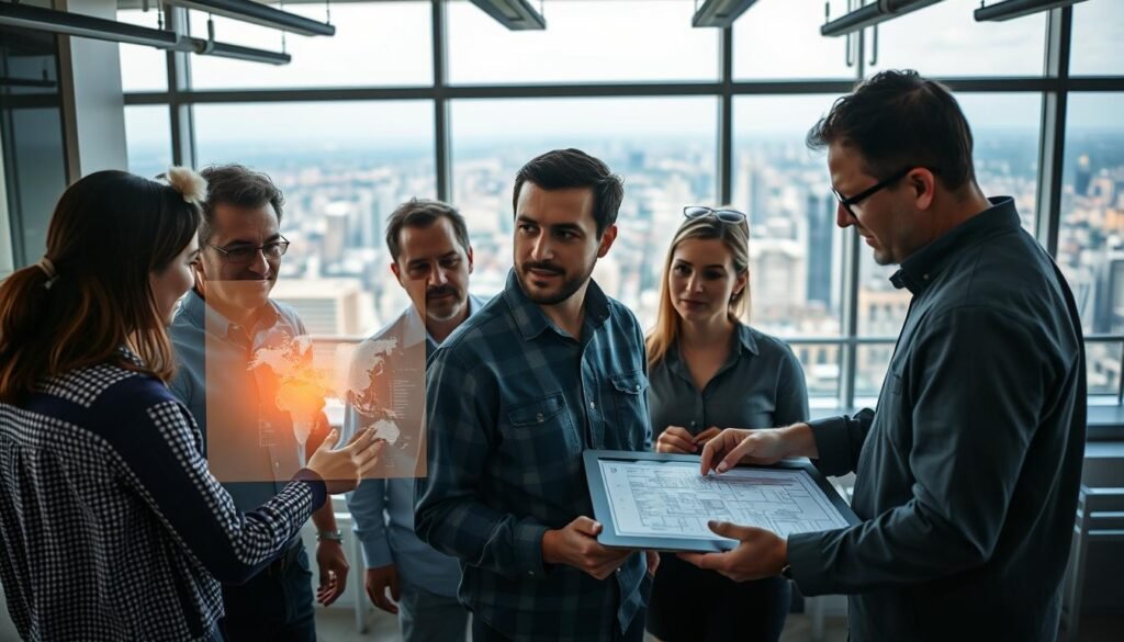 A team of diverse professionals, including mechanical, electrical, and plumbing engineers, collaborate in a bright, modern office. The foreground features a lively discussion around a holographic display, their faces illuminated by a warm, natural light. In the middle ground, colleagues review plans and schematics on sleek touchscreen interfaces, their expressions focused and engaged. The background showcases a panoramic view of a bustling cityscape, reflecting the cross-disciplinary nature of their work and the integration of their specialized skills. The scene conveys a sense of seamless cooperation, innovation, and a forward-thinking approach to the future of MEP engineering. A team of diverse professionals, including mechanical, electrical, and plumbing engineers, collaborate in a bright, modern office. The foreground features a lively discussion around a holographic display, their faces illuminated by a warm, natural light. In the middle ground, colleagues review plans and schematics on sleek touchscreen interfaces, their expressions focused and engaged. The background showcases a panoramic view of a bustling cityscape, reflecting the cross-disciplinary nature of their work and the integration of their specialized skills. The scene conveys a sense of seamless cooperation, innovation, and a forward-thinking approach to the future of MEP engineering.