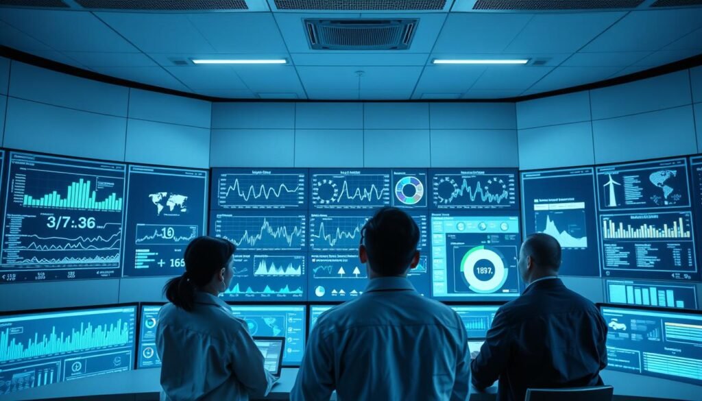 A technologically-advanced control room with a panoramic display showcasing real-time energy data and flow visualizations. Sleek, minimalist design with muted tones of blue, grey, and white. Illuminated graphs and charts provide an intuitive overview of energy generation, consumption, and distribution across a smart grid network. In the foreground, a team of engineers and analysts monitor the system, making precise adjustments through a seamless, touch-based interface. Soft, indirect lighting casts a focused, analytical atmosphere, complemented by the faint hum of efficient, cutting-edge hardware. An imposing, yet streamlined architecture evokes a sense of technological sophistication and environmental responsibility.