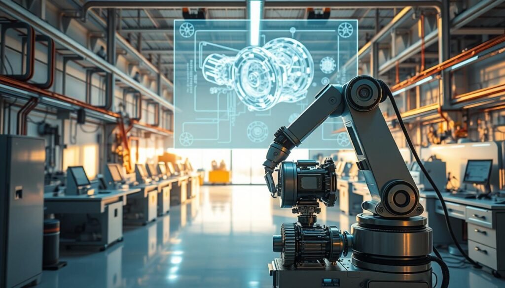 A technologically advanced engineering workshop, filled with futuristic machines and tools. The bright, clean space is bathed in warm, diffused lighting, casting long shadows across the sleek, metallic surfaces. In the foreground, a robotic arm gracefully manipulates a complex mechanical assembly, guided by an intelligent AI system. In the middle ground, a holographic display projects intricate 3D schematics, allowing engineers to visualize and refine their designs. In the background, rows of state-of-the-art workstations and specialized equipment hint at the cutting-edge research and development happening within this innovative hub of mechanical engineering.