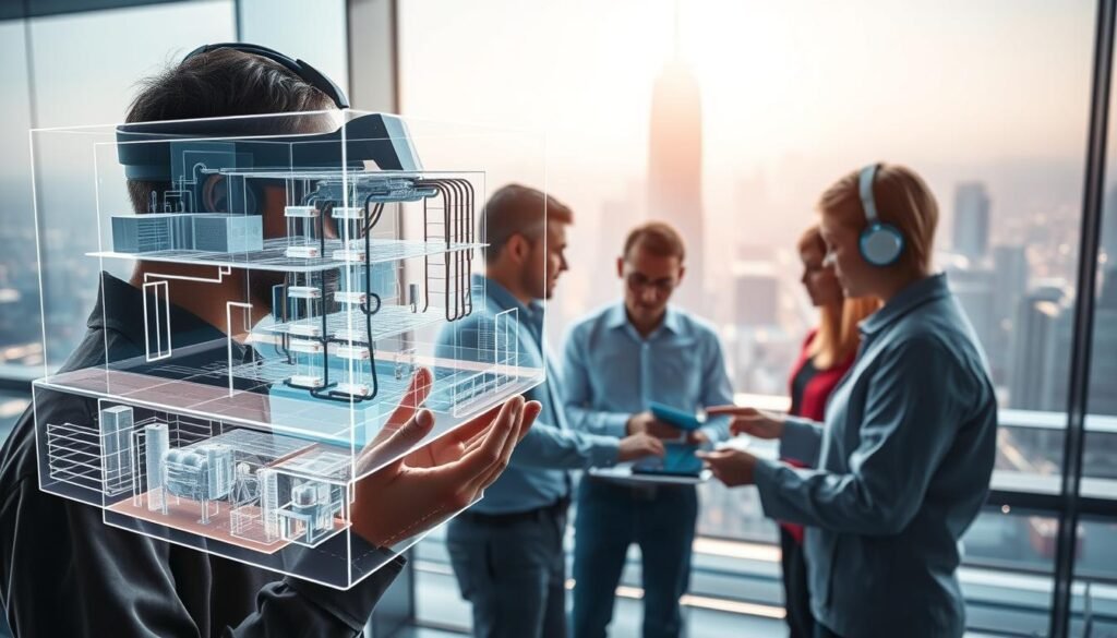 A technologically-advanced, futuristic scene depicting the intersection of MEP engineering and artificial intelligence. In the foreground, a holographic 3D model of a building's mechanical, electrical, and plumbing systems hovers, manipulated by the hands of an engineer wearing an AR headset. In the middle ground, a team of engineers collaborate around a touch-enabled interactive display, analyzing real-time data and simulations powered by AI. In the background, a gleaming high-rise skyline represents the modern, AI-driven future of the MEP industry. Soft, directional lighting illuminates the scene, creating an atmosphere of innovation and progress. Crisp, cinematic camera angles showcase the seamless integration of human expertise and autonomous systems. A technologically-advanced, futuristic scene depicting the intersection of MEP engineering and artificial intelligence. In the foreground, a holographic 3D model of a building's mechanical, electrical, and plumbing systems hovers, manipulated by the hands of an engineer wearing an AR headset. In the middle ground, a team of engineers collaborate around a touch-enabled interactive display, analyzing real-time data and simulations powered by AI. In the background, a gleaming high-rise skyline represents the modern, AI-driven future of the MEP industry. Soft, directional lighting illuminates the scene, creating an atmosphere of innovation and progress. Crisp, cinematic camera angles showcase the seamless integration of human expertise and autonomous systems.