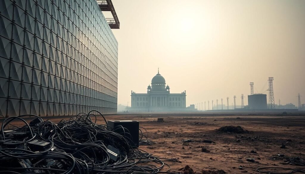 A towering digital wall, its faceted surfaces gleaming under harsh fluorescent lighting, casting stark shadows across a barren landscape. In the foreground, a tangle of cables and circuit boards, a jumble of outdated technology, symbolizing the technological barriers India must overcome. The middle ground is dominated by a looming bureaucratic structure, its windows darkened, representing the administrative challenges that impede progress. The background fades into a hazy, uncertain future, hinting at the transformation that lies ahead if these obstacles can be surmounted.