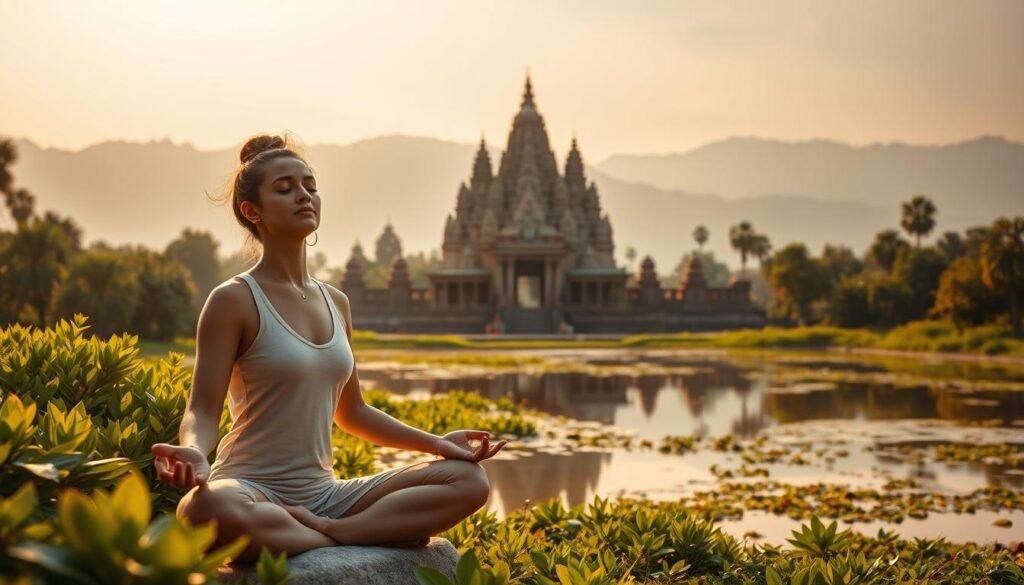 A tranquil scene in ancient India, bathed in warm, golden light. In the foreground, a serene yogi in a lotus pose, eyes closed, radiating inner peace. Surrounding them, lush, verdant foliage and a placid pond, reflecting the sky above. In the middle ground, a magnificent ancient temple, its intricate carvings and towering spires a testament to the region's rich cultural heritage. In the distance, hazy mountains rise, shrouded in a mystical haze. The atmosphere is one of timeless wisdom, spiritual harmony, and the enduring legacy of India's ancient practices.