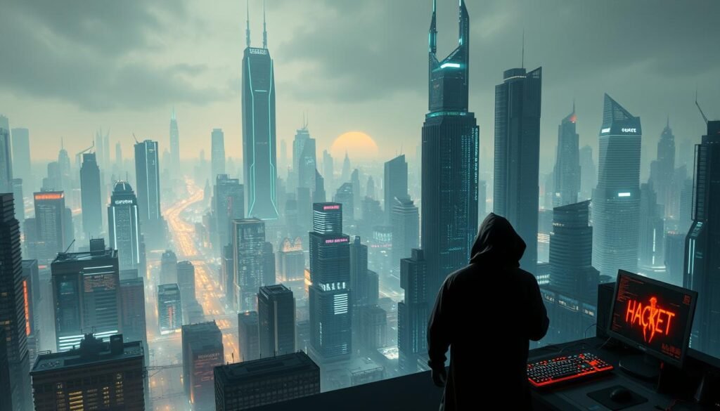 A vast, intricate cyberpunk cityscape with towering skyscrapers and neon-lit streets. In the foreground, a series of ominous digital threats loom - glitching code, corrupted data streams, and a hacker's console casting an eerie glow. The middle ground features shadowy figures engaged in illicit activities, while the background is shrouded in a hazy, dystopian atmosphere with a low, ominous horizon. The lighting is a stark contrast of bright, piercing highlights and deep, inky shadows, creating a sense of foreboding and unease. The overall mood is one of technological peril and the looming dangers of the digital age.