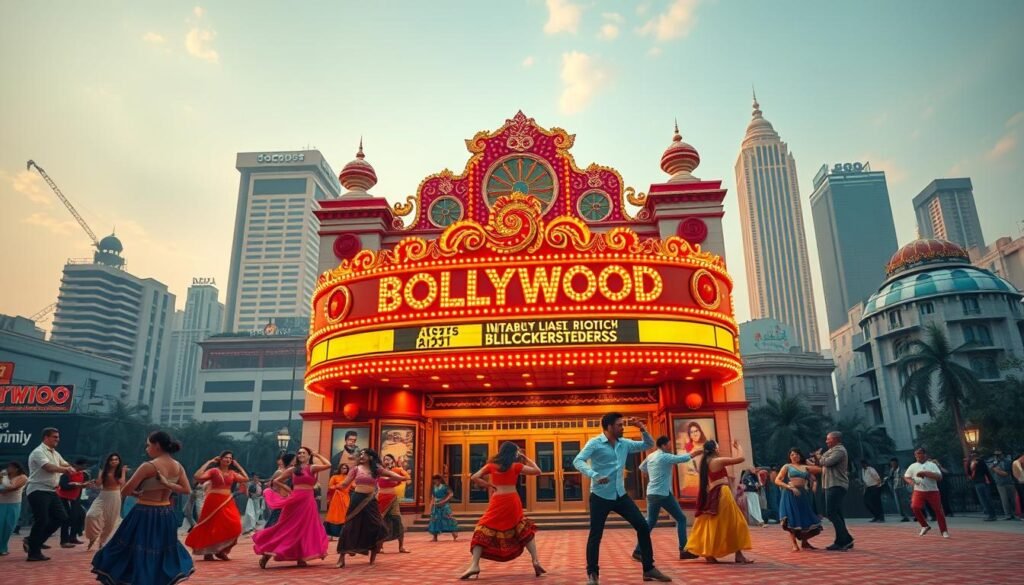 A vibrant Bollywood-inspired scene set against the backdrop of a bustling Indian city. In the foreground, a group of energetic dancers perform a lively choreographed routine, their colorful costumes and intricate movements capturing the essence of Bollywood's captivating dance culture. In the middle ground, a grand, ornately decorated movie theater marquee showcases the latest Bollywood blockbuster release, reflecting the industry's global influence. The background features a skyline of towering skyscrapers and iconic architectural landmarks, symbolizing how Bollywood's cinematic style and storytelling have permeated international mainstream media and popular culture. Warm, saturated lighting and a dynamic camera angle convey the infectious energy and widespread appeal of Bollywood's cultural impact. A vibrant Bollywood-inspired scene set against the backdrop of a bustling Indian city. In the foreground, a group of energetic dancers perform a lively choreographed routine, their colorful costumes and intricate movements capturing the essence of Bollywood's captivating dance culture. In the middle ground, a grand, ornately decorated movie theater marquee showcases the latest Bollywood blockbuster release, reflecting the industry's global influence. The background features a skyline of towering skyscrapers and iconic architectural landmarks, symbolizing how Bollywood's cinematic style and storytelling have permeated international mainstream media and popular culture. Warm, saturated lighting and a dynamic camera angle convey the infectious energy and widespread appeal of Bollywood's cultural impact.
