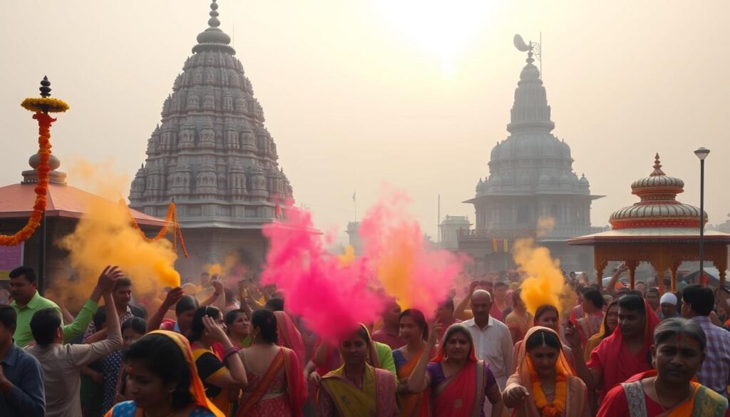 A vibrant and colorful scene of Indian festivals, capturing the essence of the country's rich cultural heritage. In the foreground, a lively crowd dances and celebrates, adorned in traditional attire of intricate patterns and vivid hues. Marigold garlands, incense, and colorful powder fill the air, creating a sensory experience. In the middle ground, ornate temples and shrines stand tall, their elaborate architecture and intricate carvings reflecting the deep spiritual significance of these festivities. The background features a hazy, golden-hued sky, with the sun's warm glow illuminating the joyous atmosphere. The scene conveys a sense of reverence, community, and the timeless traditions that make Indian festivals so captivating.