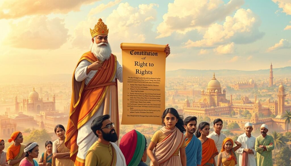 A vibrant and detailed illustration of the Indian Constitution's fundamental rights, with a focus on the right to freedom. In the foreground, a majestic and authoritative figure, representing the Constitution, stands tall, holding a scroll emblazoned with the Bill of Rights. The middle ground features a diverse group of citizens, their faces alight with understanding and empowerment, as they engage with the liberties granted by the law. In the background, a panoramic view of India's diverse landscapes and cityscapes, symbolizing the universality of these rights. The scene is bathed in warm, golden light, conveying a sense of hope, justice, and the power of an informed and engaged citizenry.