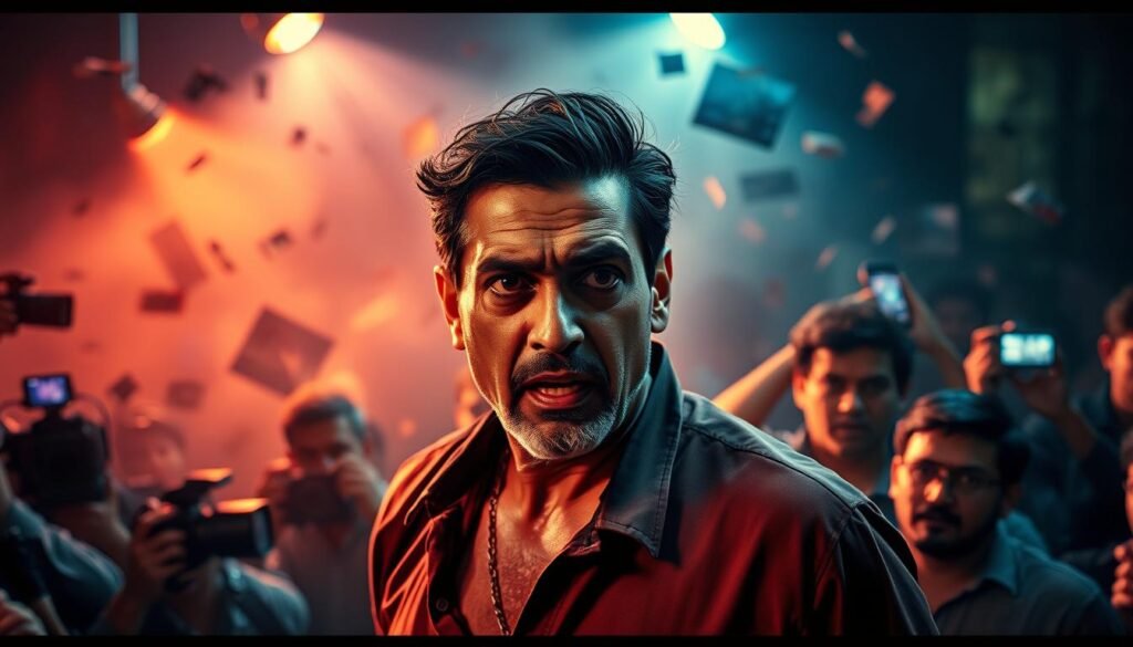 A vibrant and dynamic Bollywood scene, capturing the essence of notable controversies that have captivated the industry. In the foreground, a dramatic spotlight illuminates a central figure embroiled in scandal, their expression a mix of defiance and vulnerability. Surrounding them, a swirling maelstrom of paparazzi, gossip, and social media chatter, represented by a hazy, out-of-focus background. The lighting is dramatic, with deep shadows and bold highlights, creating a sense of intensity and high-stakes drama. The overall mood is one of heightened emotions, intrigue, and the inescapable glare of public attention that often accompanies Bollywood's biggest scandals. A vibrant and dynamic Bollywood scene, capturing the essence of notable controversies that have captivated the industry. In the foreground, a dramatic spotlight illuminates a central figure embroiled in scandal, their expression a mix of defiance and vulnerability. Surrounding them, a swirling maelstrom of paparazzi, gossip, and social media chatter, represented by a hazy, out-of-focus background. The lighting is dramatic, with deep shadows and bold highlights, creating a sense of intensity and high-stakes drama. The overall mood is one of heightened emotions, intrigue, and the inescapable glare of public attention that often accompanies Bollywood's biggest scandals.